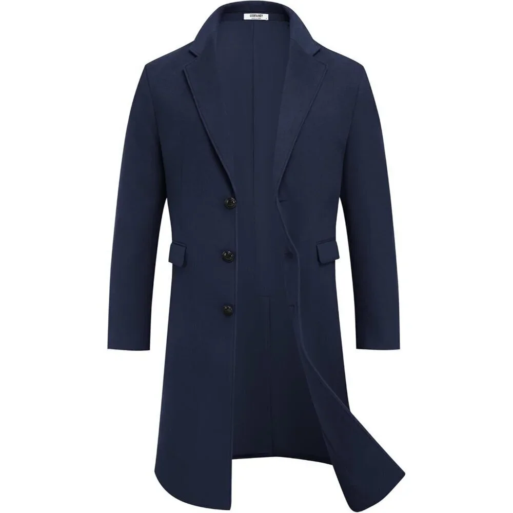 Men's Navy Blue Trench Coat Long Casual Notched Collar Wool Blend Pea coat